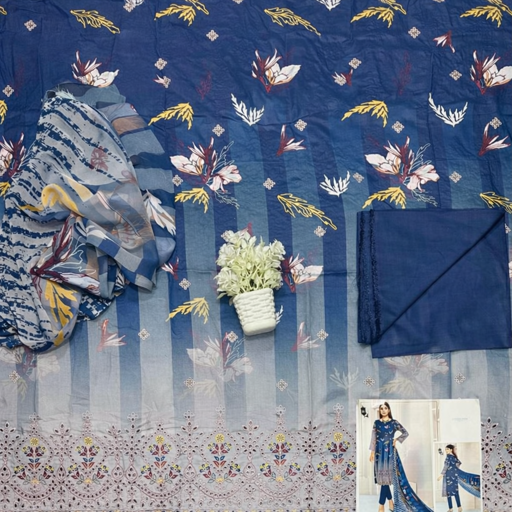 💙 Elegant Blue Linen Suit with Embroidered Details