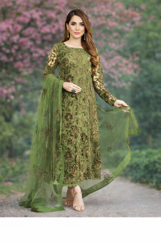 Stylish Green Embroidered Suit Set - 3 Pcs with Dhanak Fabric