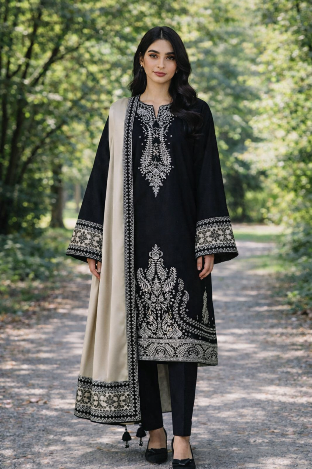 3 Pcs Women’s Unstitched Embroidered Suit – Black Elegance