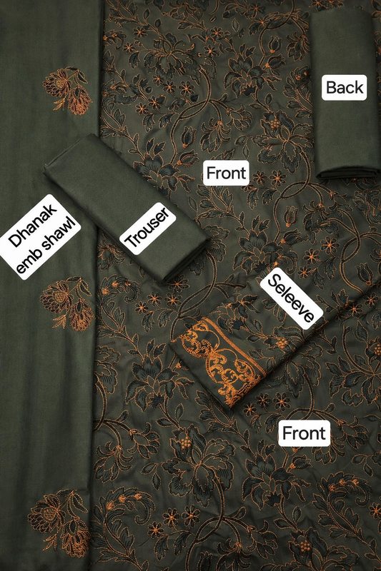 Stylish Green Embroidered Suit Set - 3 Pcs with Dhanak Fabric