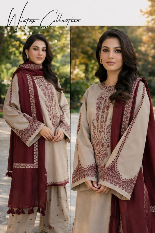 Women’s 3 Pc Unstitched Embroidered Dhanak Suit ( Winter Collection)