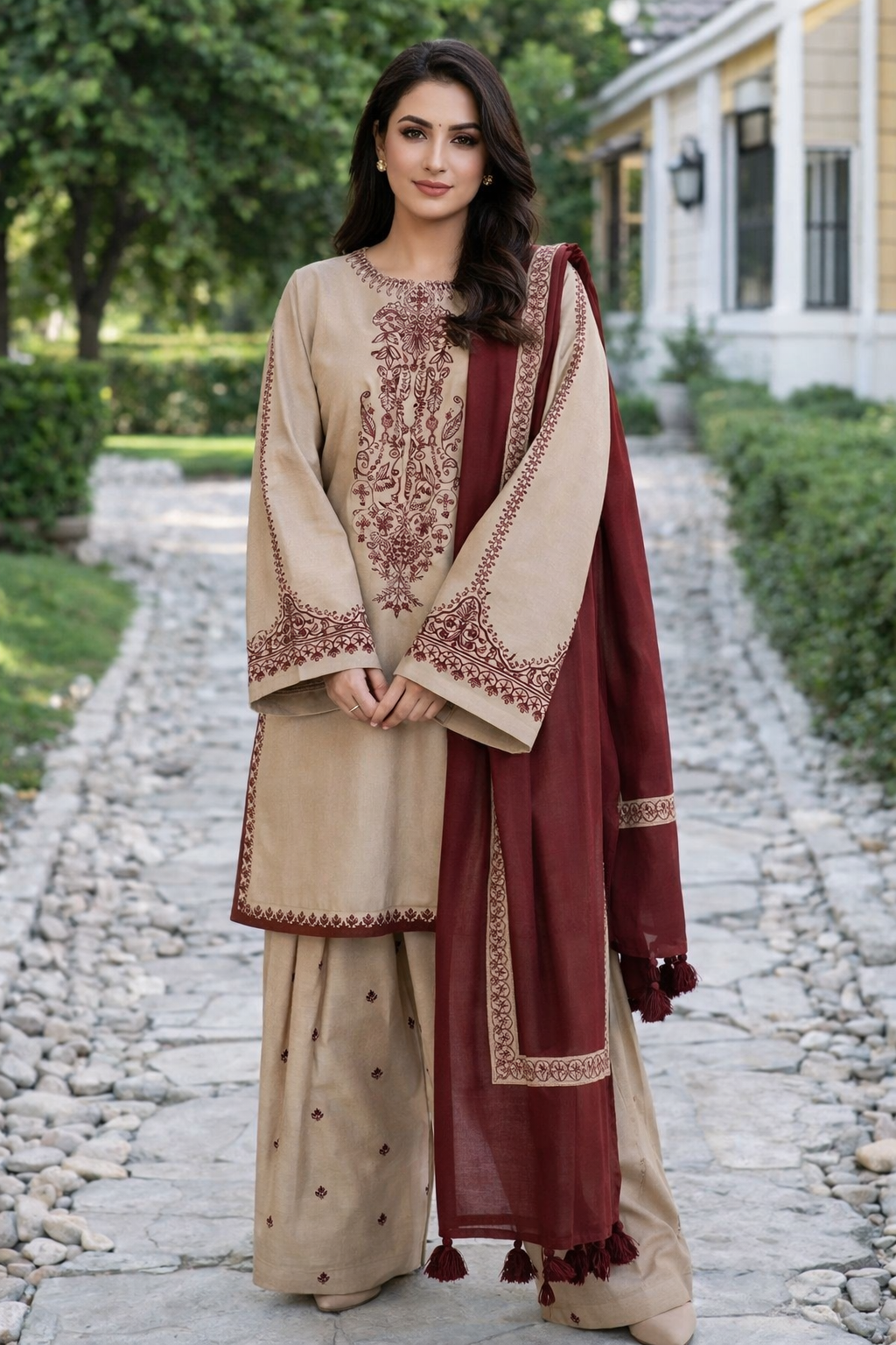 Multicolor Printed Suit Set with Embroidered Neckline – 3 Pcs