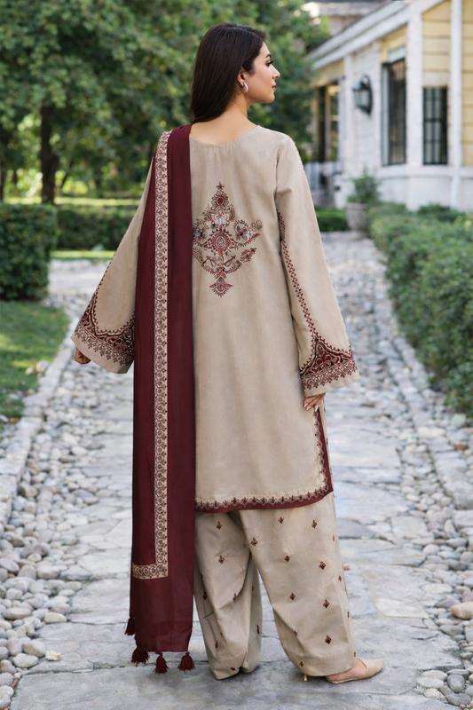 Multicolor Printed Suit Set with Embroidered Neckline – 3 Pcs