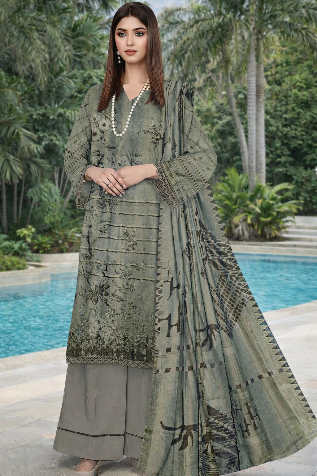 Stunning 3 Pcs Grey Embroidered Suit with Printed Trouser & Dupatta(Winter Collection)