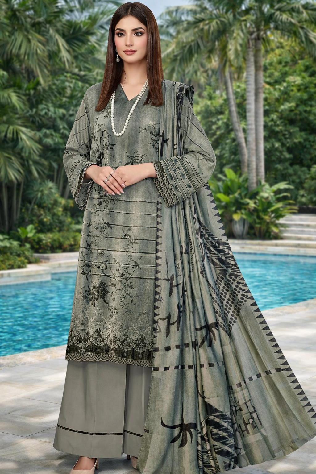 Stunning 3 Pcs Grey Embroidered Suit with Printed Trouser & Dupatta(Winter Collection)