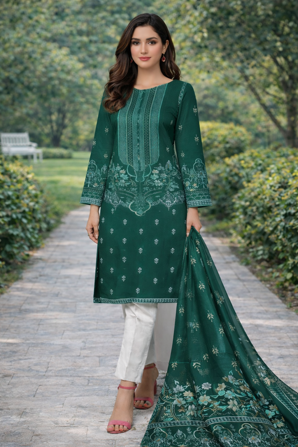 2 Pcs Women’s Unstitched Linen Printed Suit (Green)