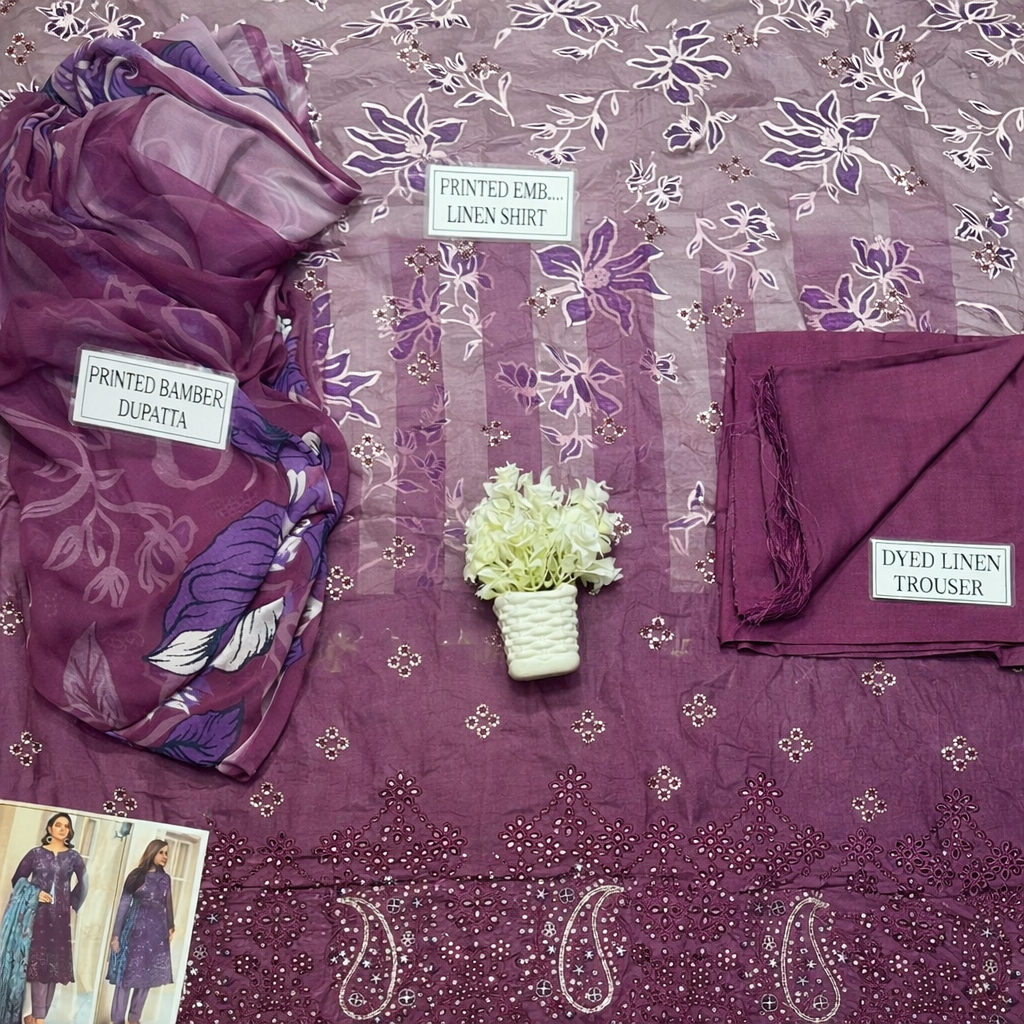 Elegant Purple Linen Suit with Chikankari Embroidered Accents