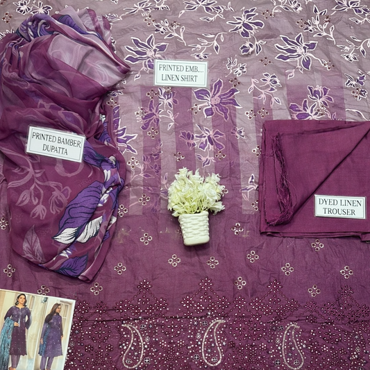 Elegant Purple Linen Suit with Chikankari Embroidered Accents