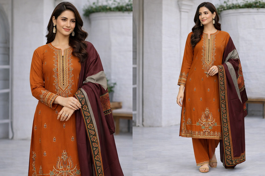 3 Pcs Women’s Unstitched Embroidered Suit – Orange Elegance
