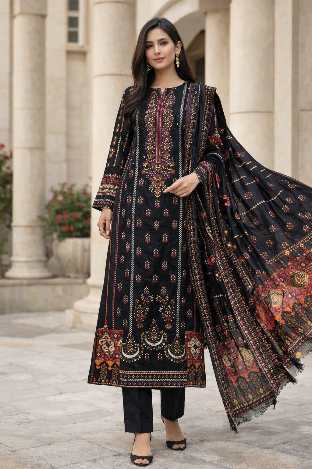 3 Pcs Women’s Unstitched Karandi Printed Suit – Winter Collection