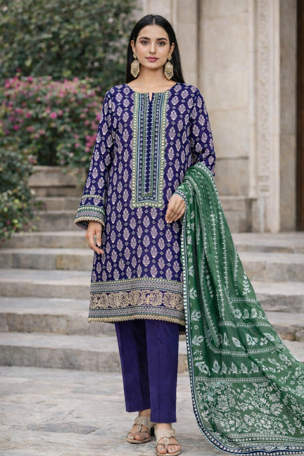 3 Pcs Women’s Unstitched Linen Printed Suit – Blue  Designer Inspired