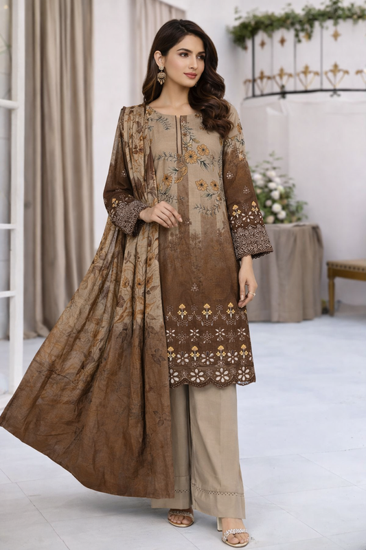 Exquisite Brown Linen Suit with Embroidered Chikankari Design