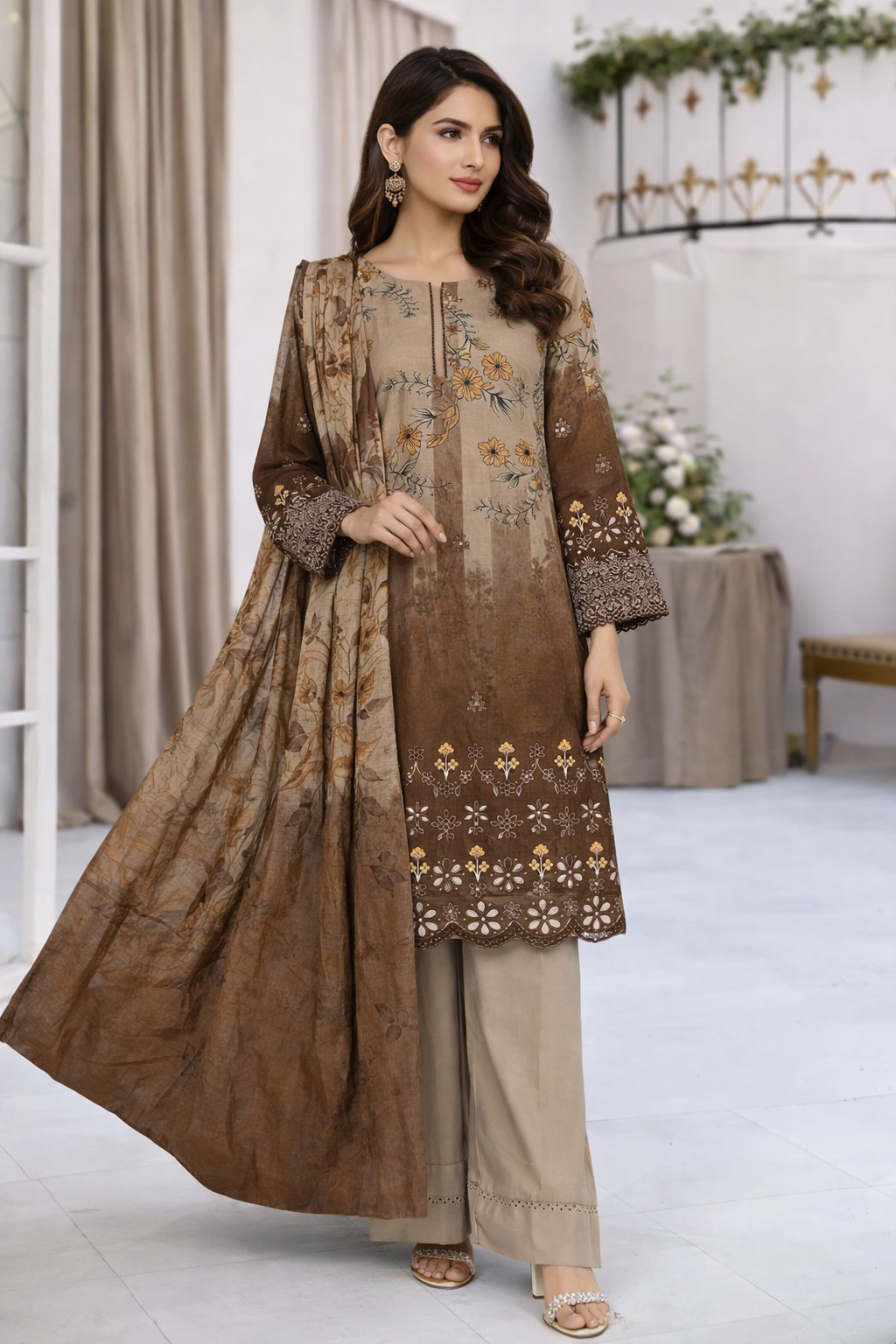Exquisite Brown Linen Suit with Embroidered Chikankari Design