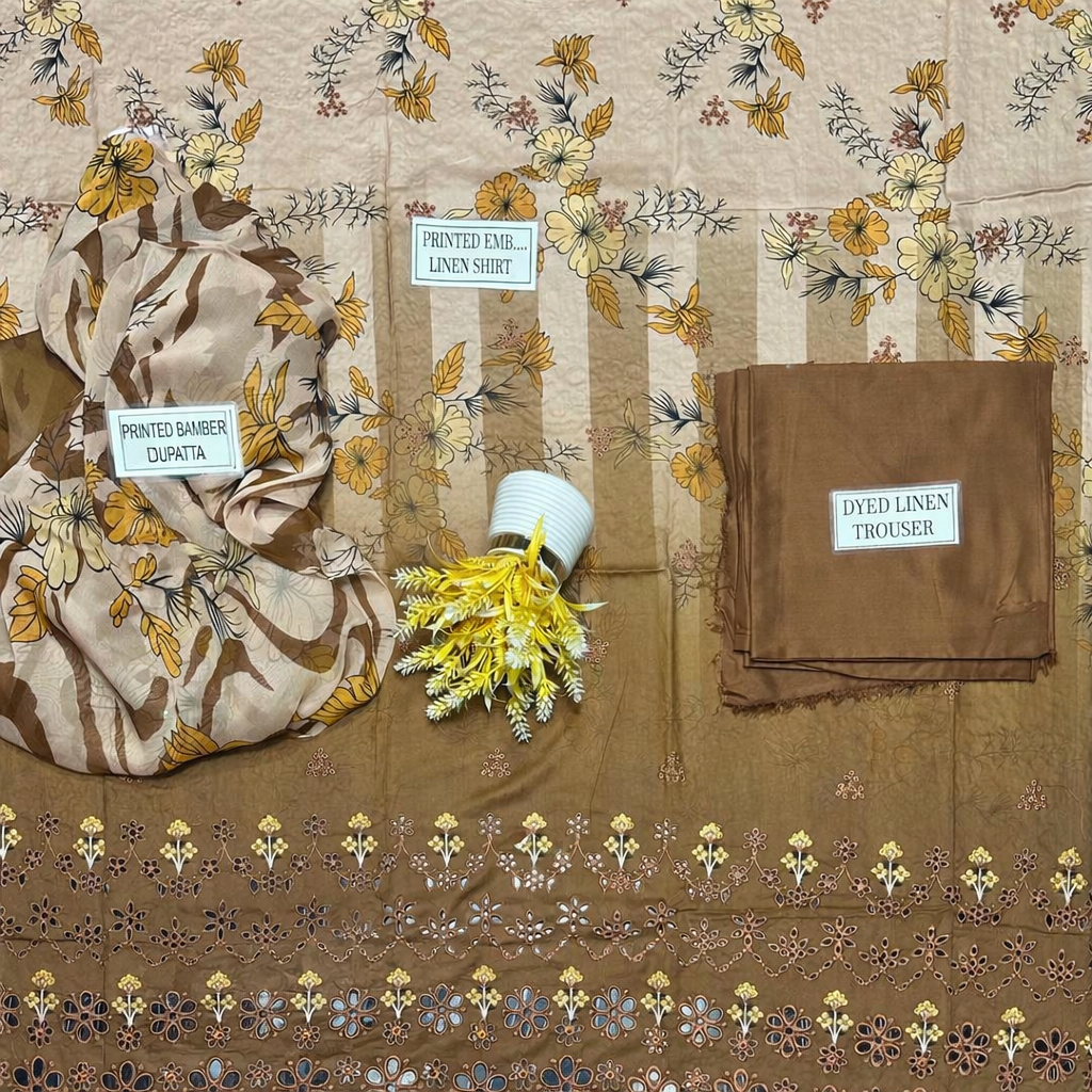 Exquisite Brown Linen Suit with Embroidered Chikankari Design