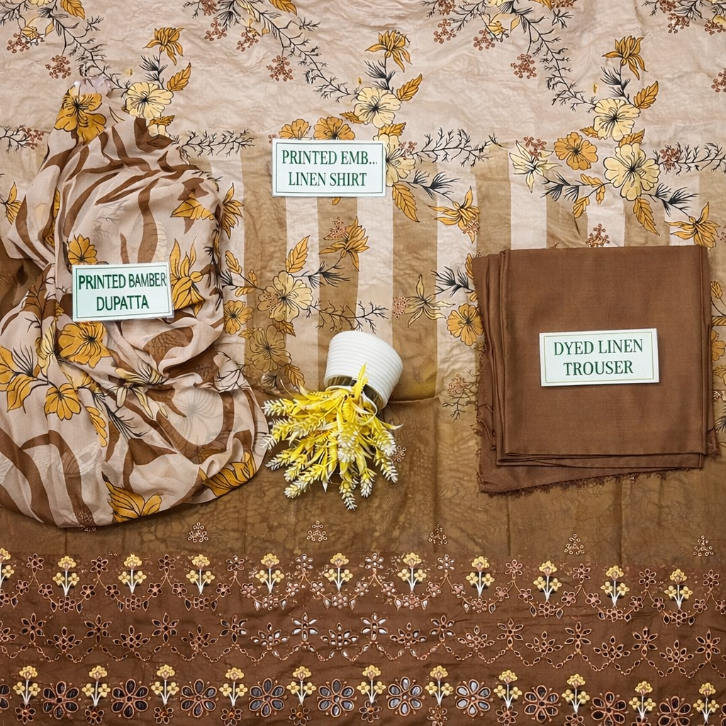 Exquisite Brown Linen Suit with Embroidered Chikankari Design