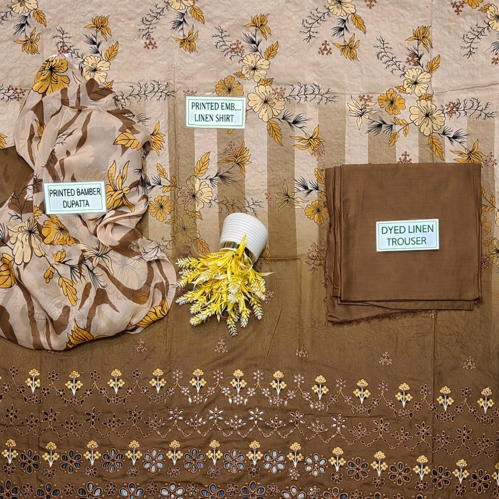 Exquisite Brown Linen Suit with Embroidered Chikankari Design