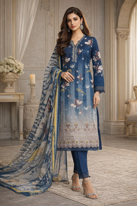 💙 Elegant Blue Linen Suit with Embroidered Details