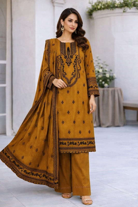 3 Pcs Women’s Unstitched Embroidered Dhanak Suit – Mustard