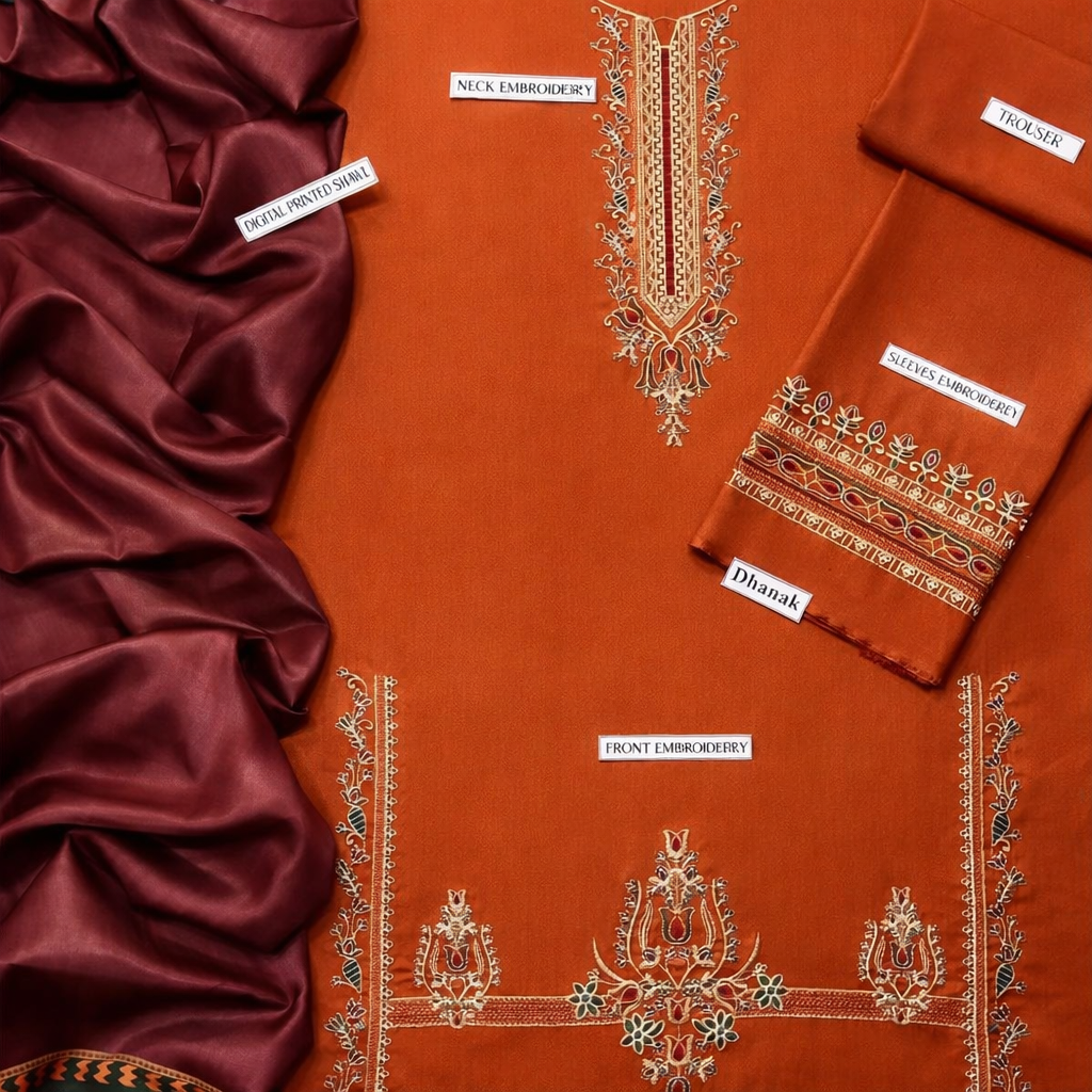 3 Pcs Women’s Unstitched Embroidered Suit – Orange Elegance