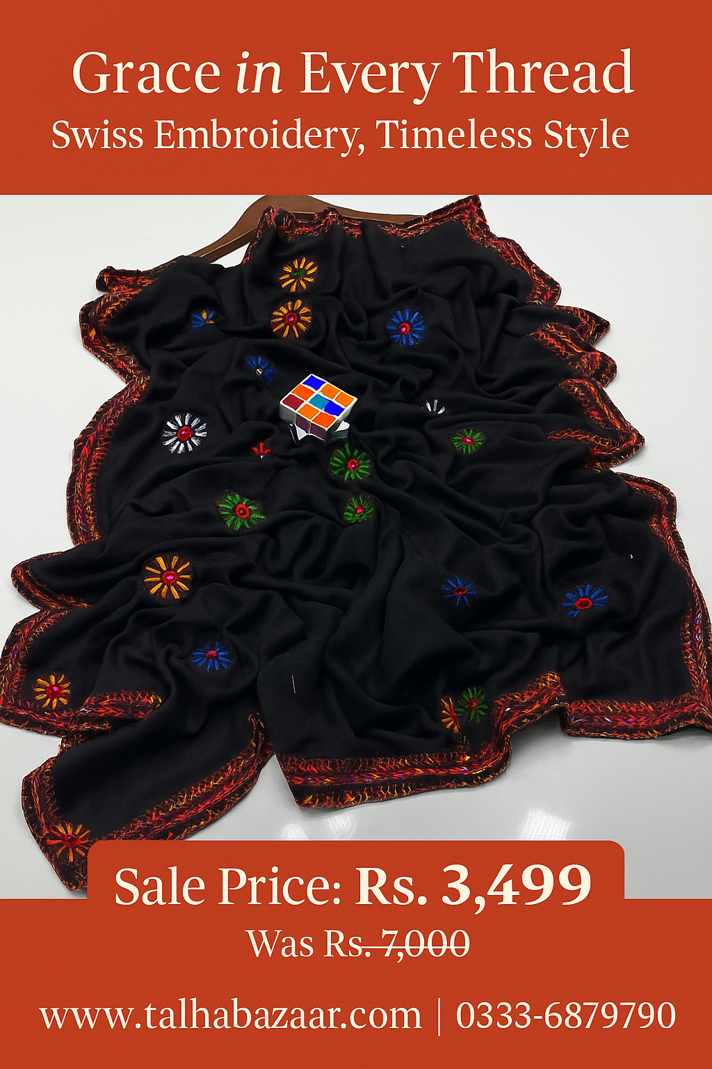 🖤 Women's Swiss Embroidered Border Shawl – Black