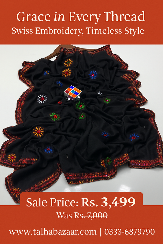 🖤 Women's Swiss Embroidered Border Shawl – Black