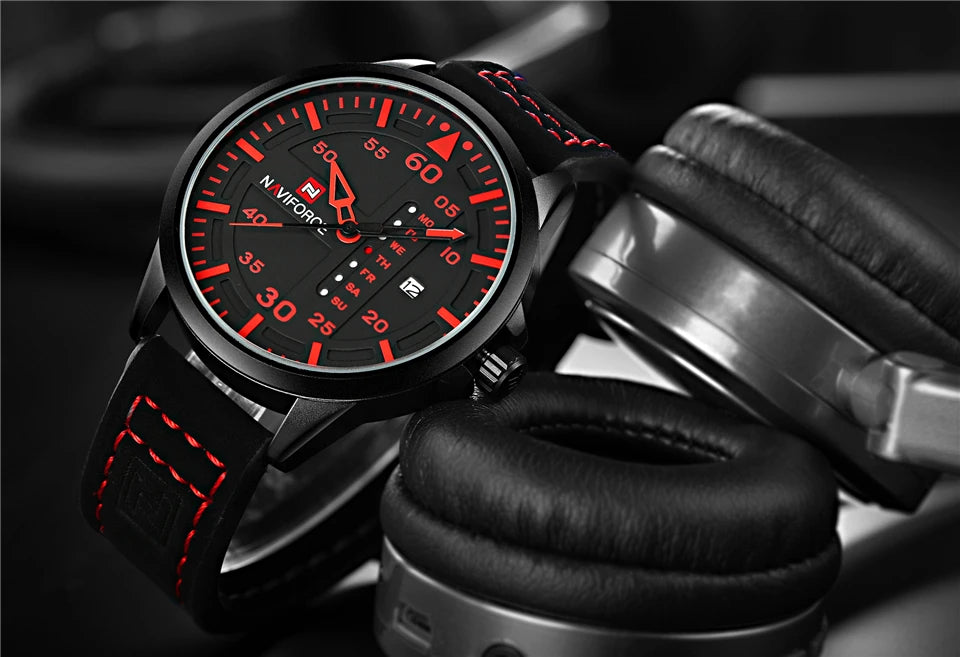 NAVIFORCE Waterproof Military Sport Quartz Men’s Watch – Leather Strap