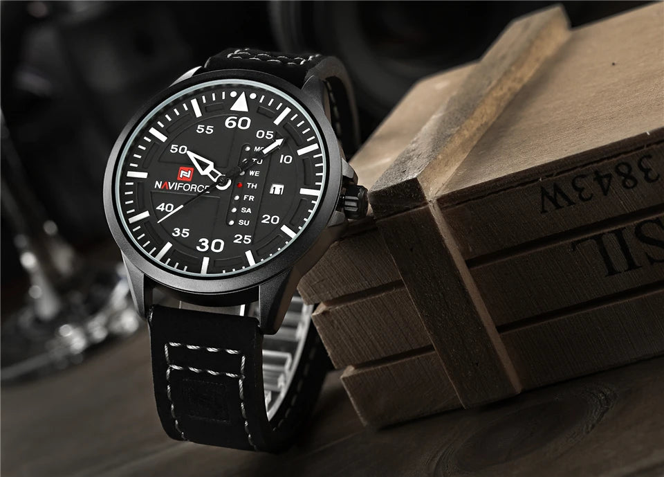NAVIFORCE Waterproof Military Sport Quartz Men’s Watch – Leather Strap