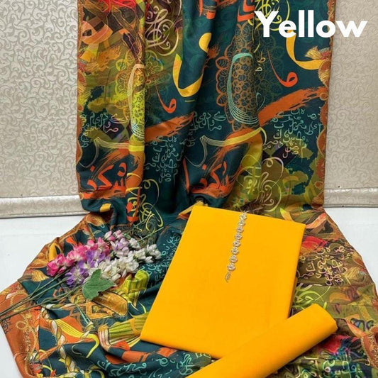 3 Pcs Women’s Unstitched Katan Silk Plain Suit