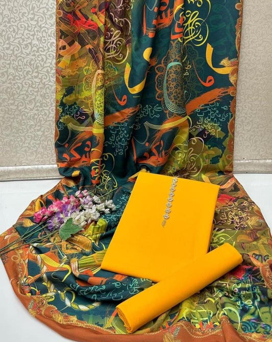 3 Pcs Women’s Unstitched Katan Silk Plain Suit