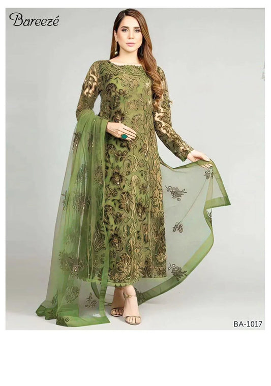 Stylish Green Embroidered Suit Set - 3 Pcs with Dhanak Fabric