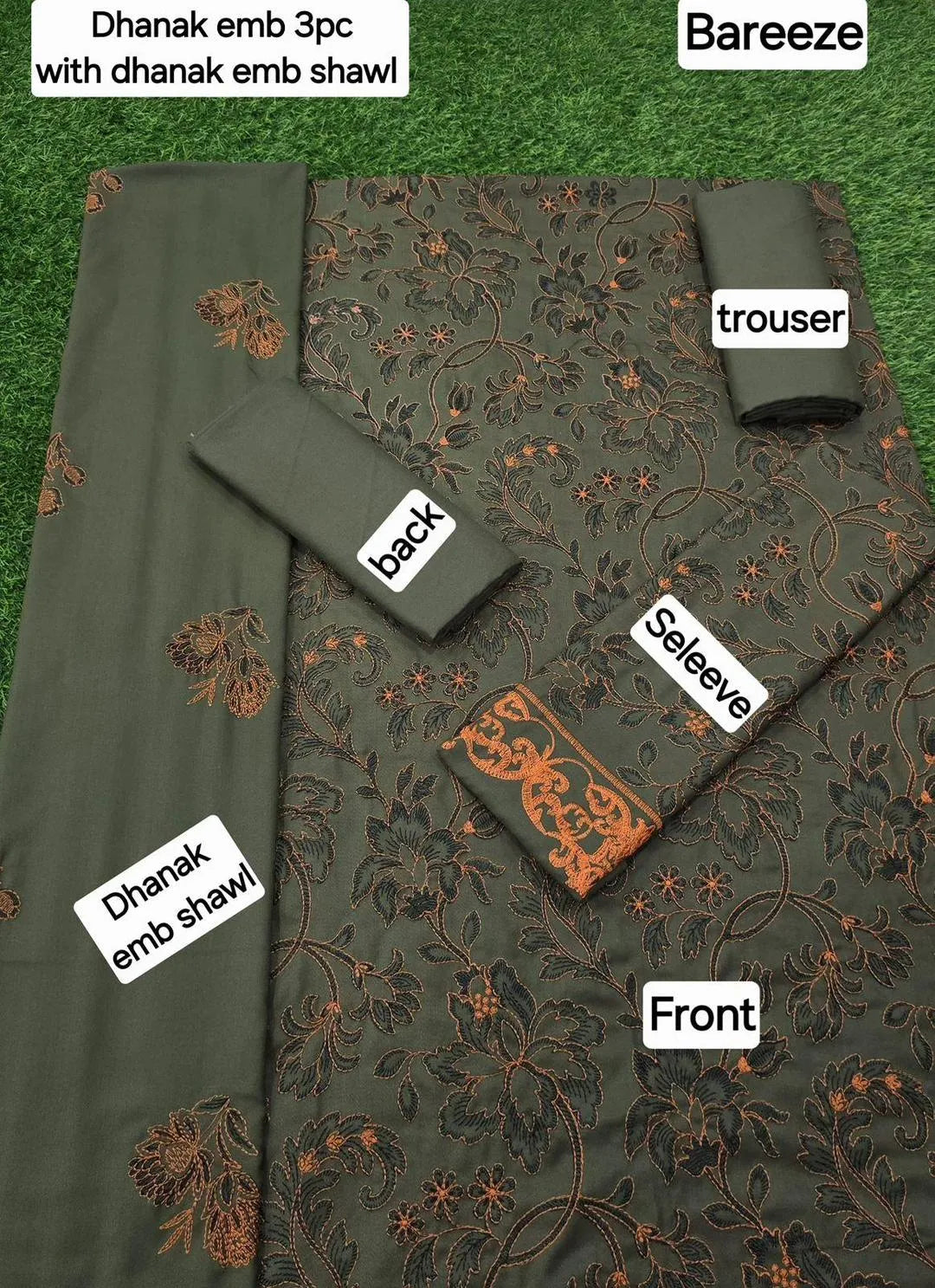 Stylish Green Embroidered Suit Set - 3 Pcs with Dhanak Fabric