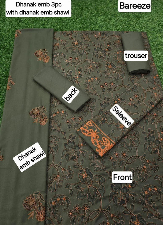 Stylish Green Embroidered Suit Set - 3 Pcs with Dhanak Fabric