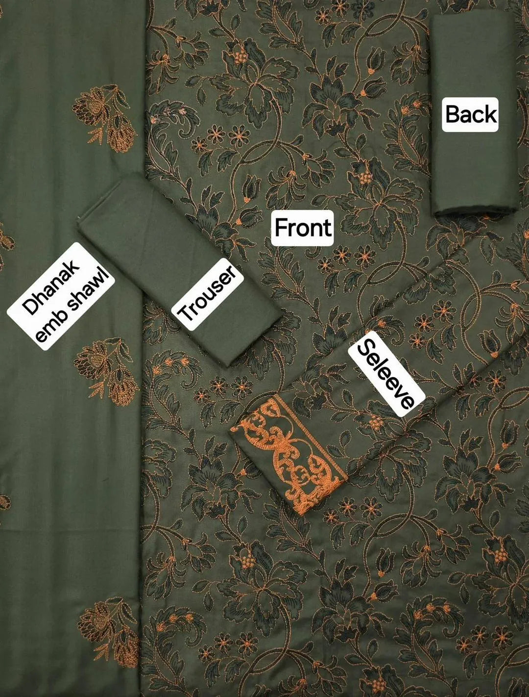 Stylish Green Embroidered Suit Set - 3 Pcs with Dhanak Fabric