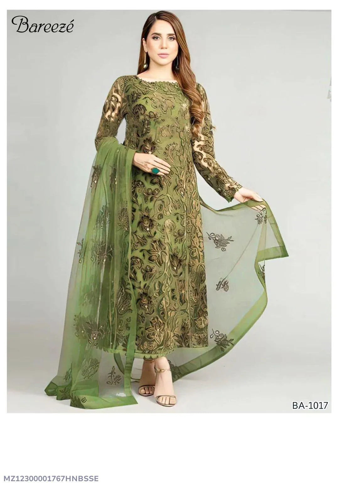 Stylish Green Embroidered Suit Set - 3 Pcs with Dhanak Fabric