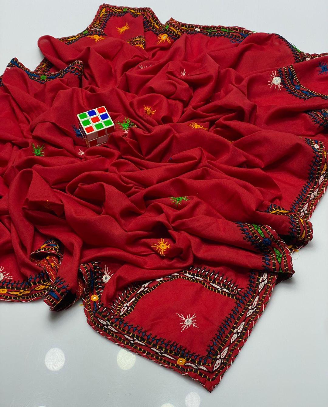 Women’s Swiss Embroidered Border Shawl – Red Elegance