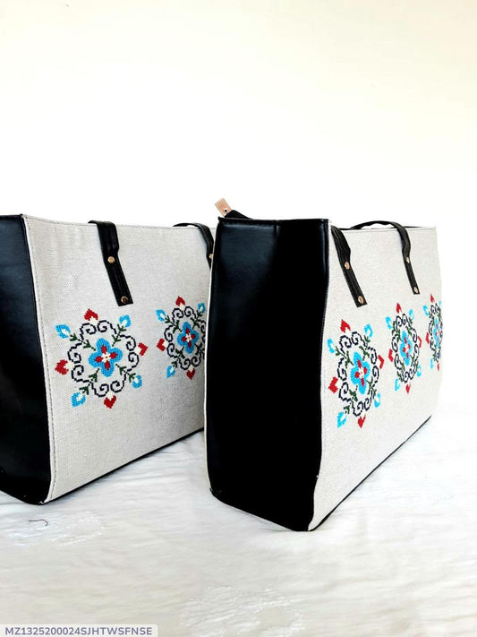 Women’s Cotton Embroidered Hand Bag – Handmade Cross Stitch Jute Fabric