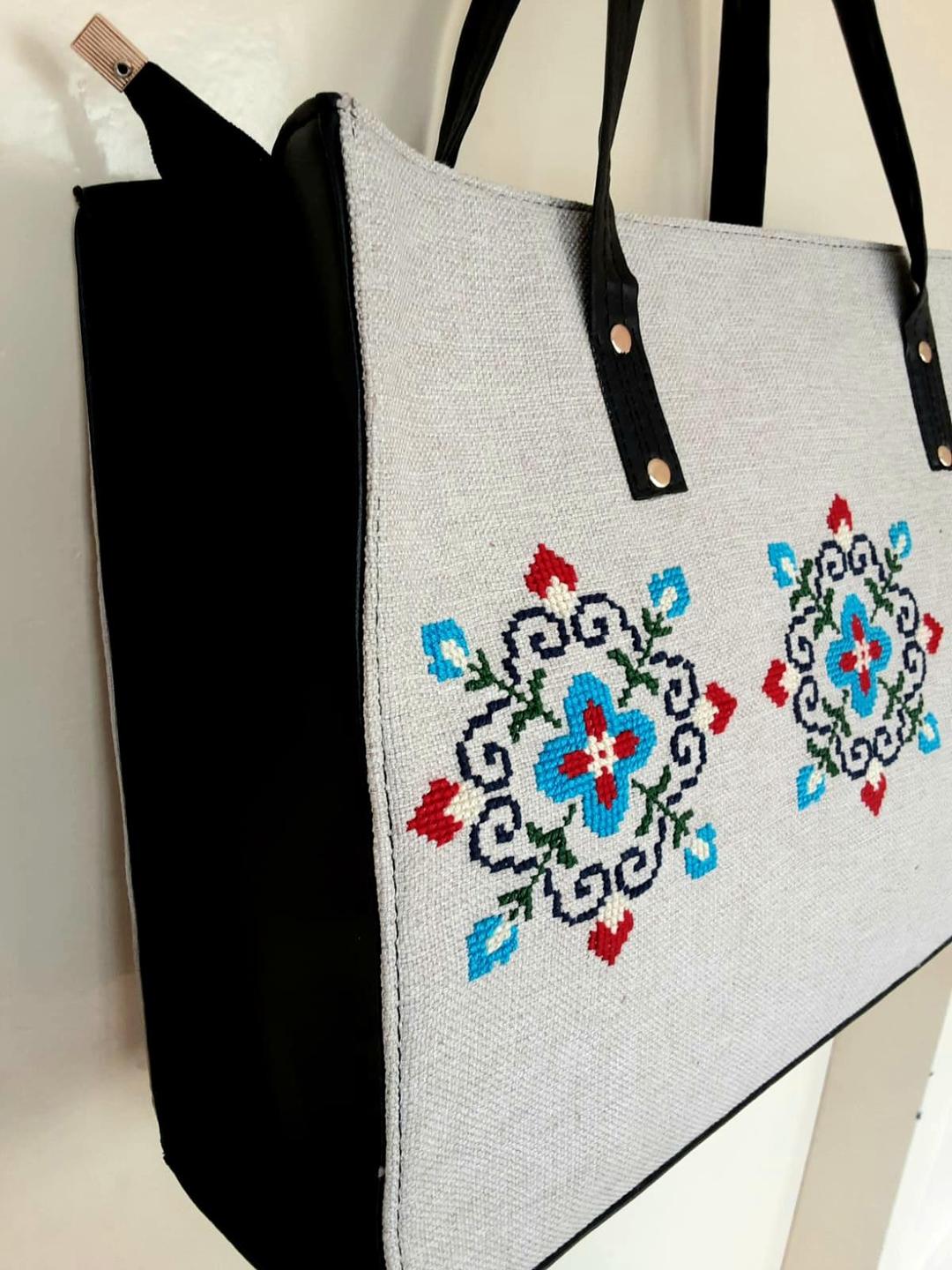 Women’s Cotton Embroidered Hand Bag – Handmade Cross Stitch Jute Fabric