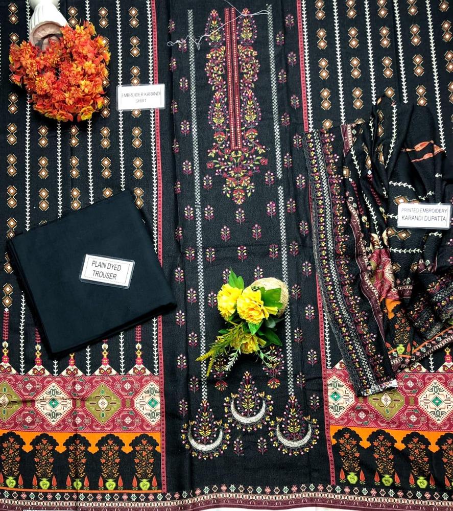 3 Pcs Women’s Unstitched Karandi Printed Suit – Winter Collection