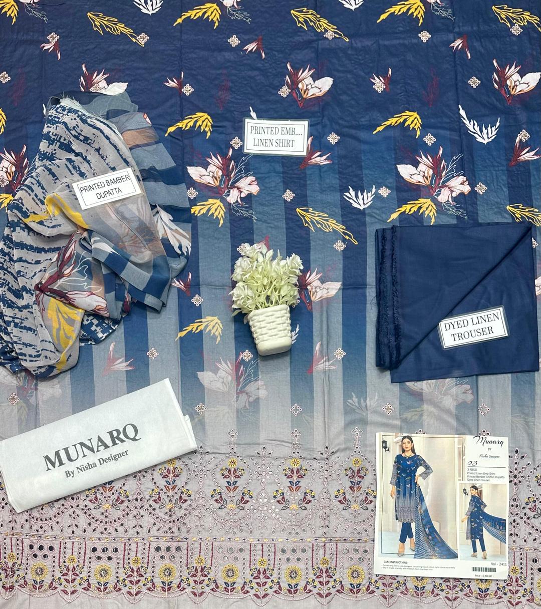 💙 Elegant Blue Linen Suit with Embroidered Details