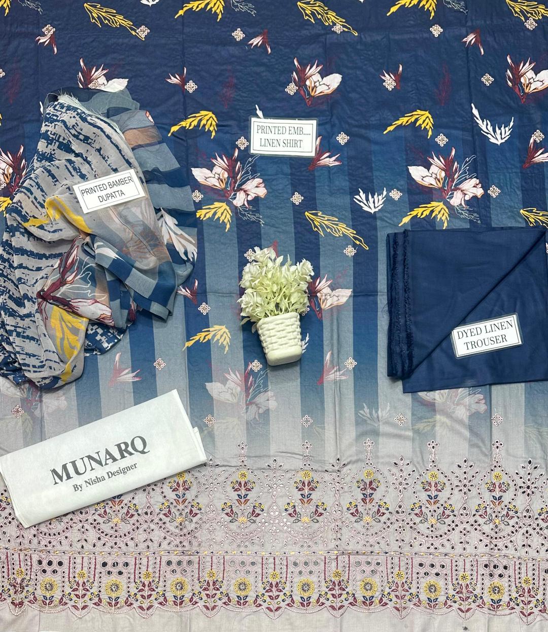 💙 Elegant Blue Linen Suit with Embroidered Details