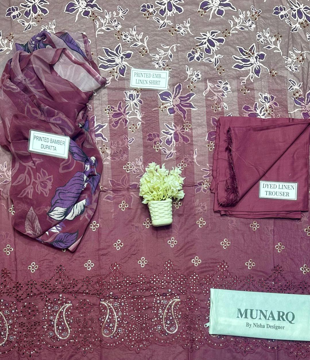 🟣 Elegant Purple Linen Suit with Chikankari Embroidered Accents