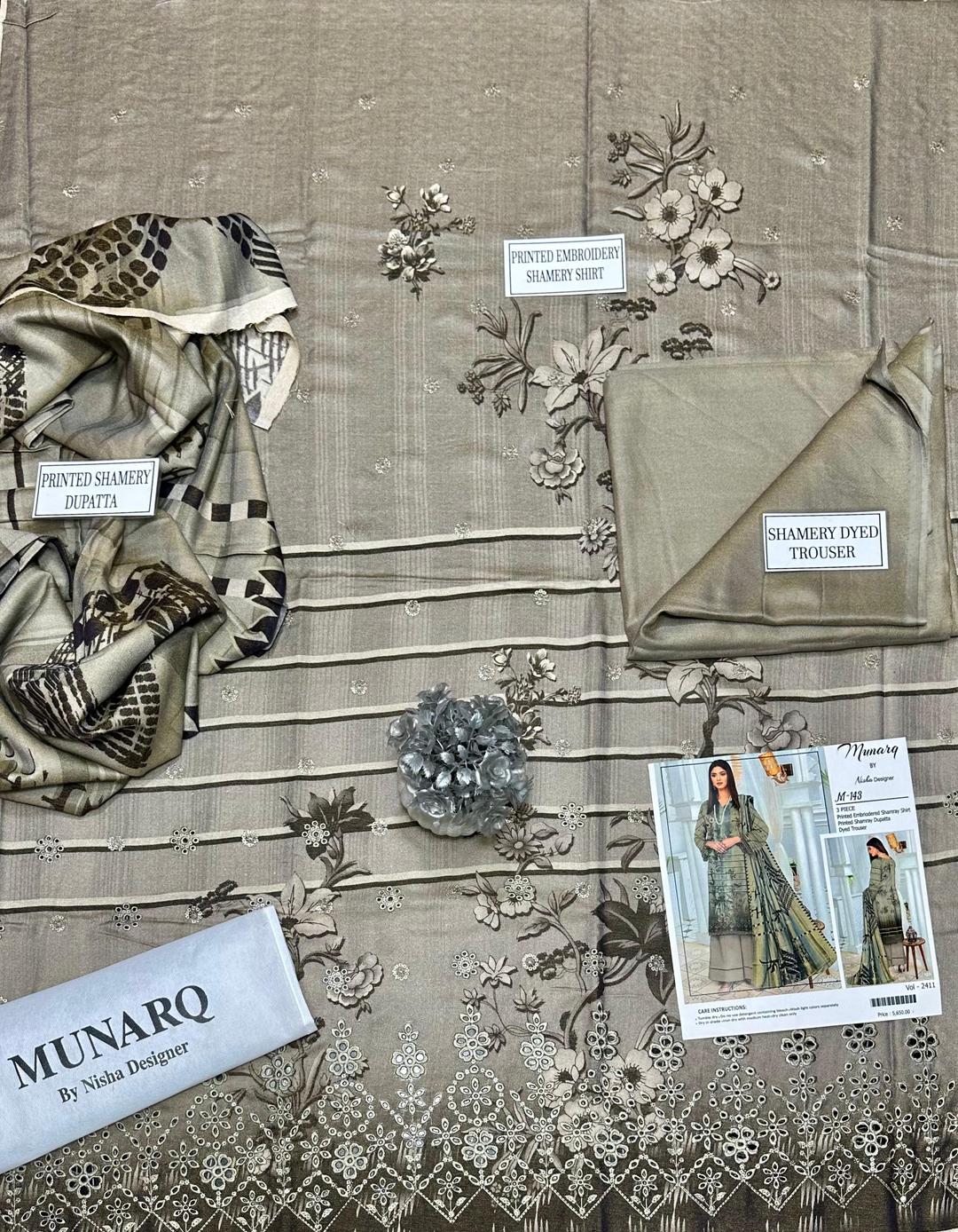 Stunning 3 Pcs Grey Embroidered Suit with Printed Trouser & Dupatta(Winter Collection)