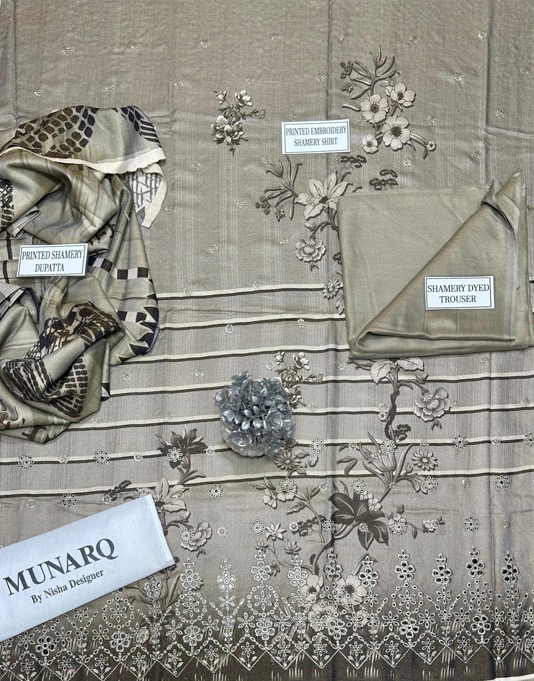 Stunning 3 Pcs Grey Embroidered Suit with Printed Trouser & Dupatta(Winter Collection)