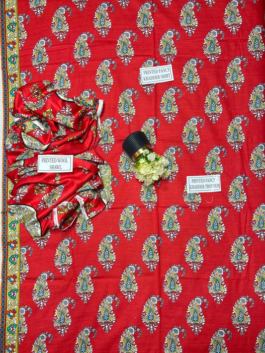 3 Pcs Women’s Unstitched Khaddar Printed Suit – Red