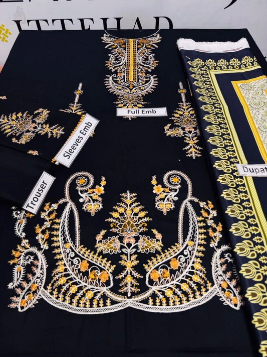 Black Embroidered Dhanak 3-Piece Suit