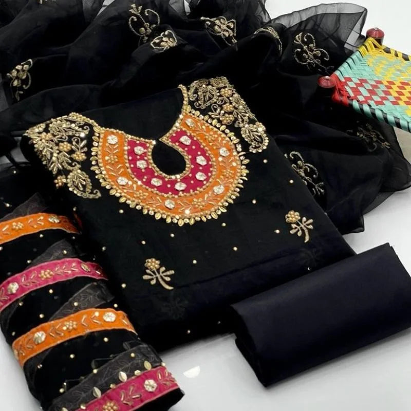 Organza Unstitched 3-Piece Suit | Aari Zari & Beads Work