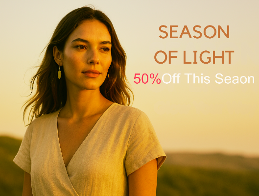 Woman standing in a field with 'Season of Light' and '50% Off This Season' text overlay.