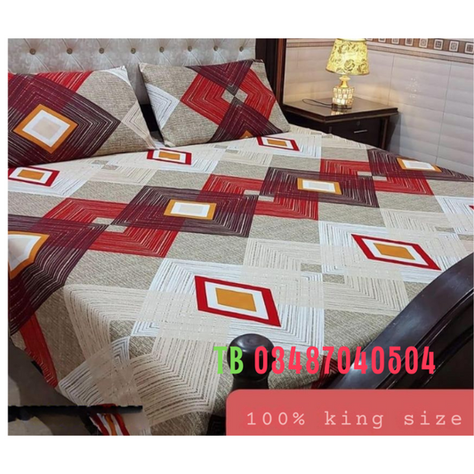 3 Pcs Cotton Printed Double Bedsheet