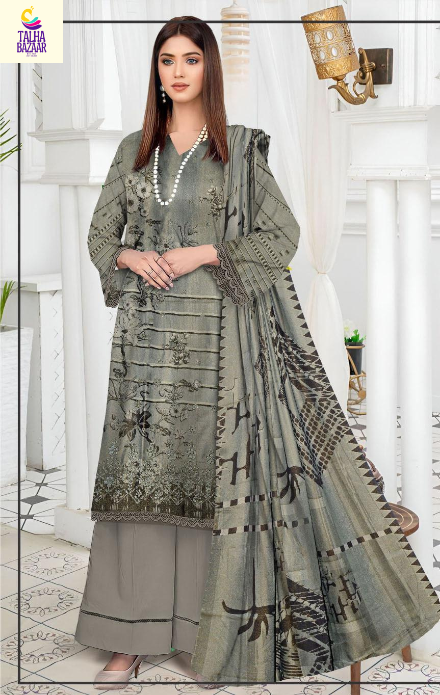 Stunning 3 Pcs Grey Embroidered Suit with Printed Trouser & Dupatta(Winter Collection)
