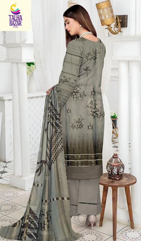 Stunning 3 Pcs Grey Embroidered Suit with Printed Trouser & Dupatta(Winter Collection)
